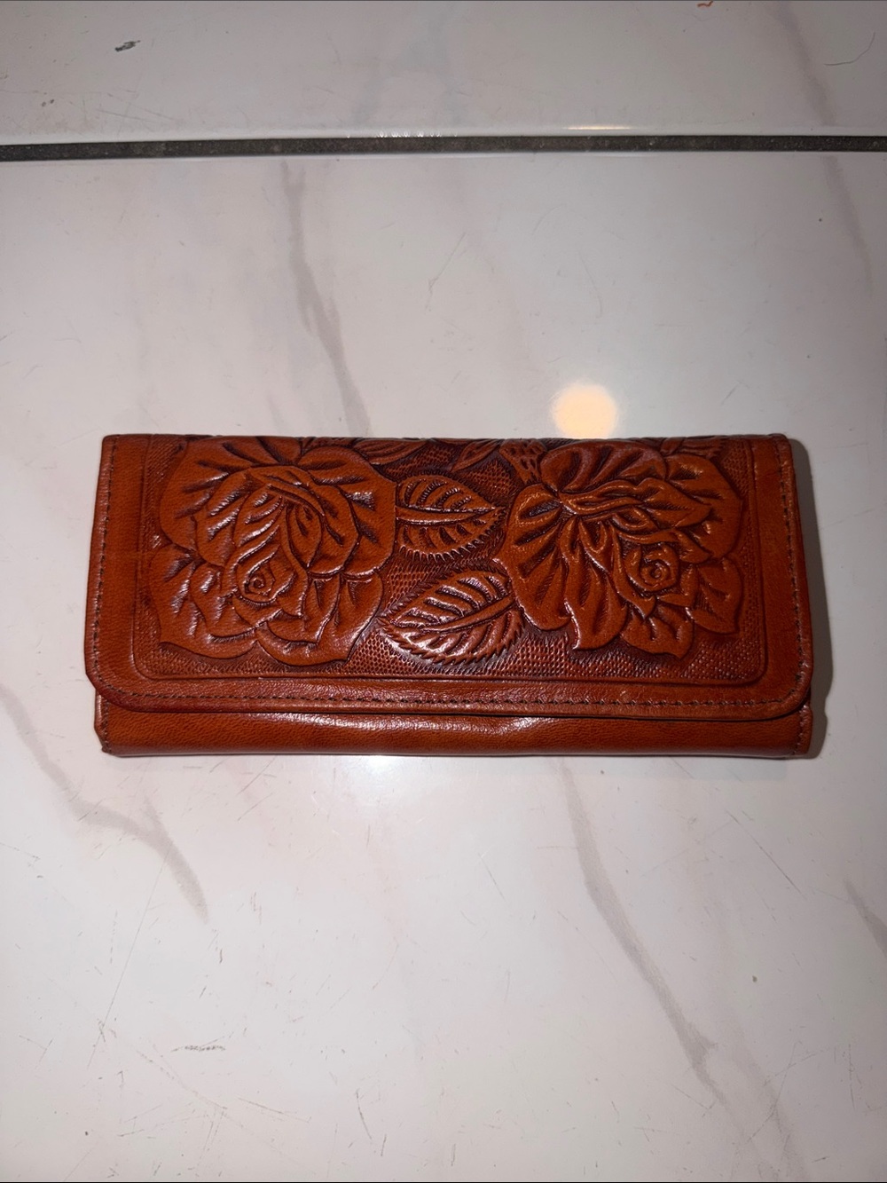 New Handmade Brown Tooled Leather Rose Floral Bifold Wallet